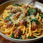 Garlic butter spaghetti tossed with cheesy Italian sausage