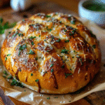Rustic baked artisan bread topped with garlic