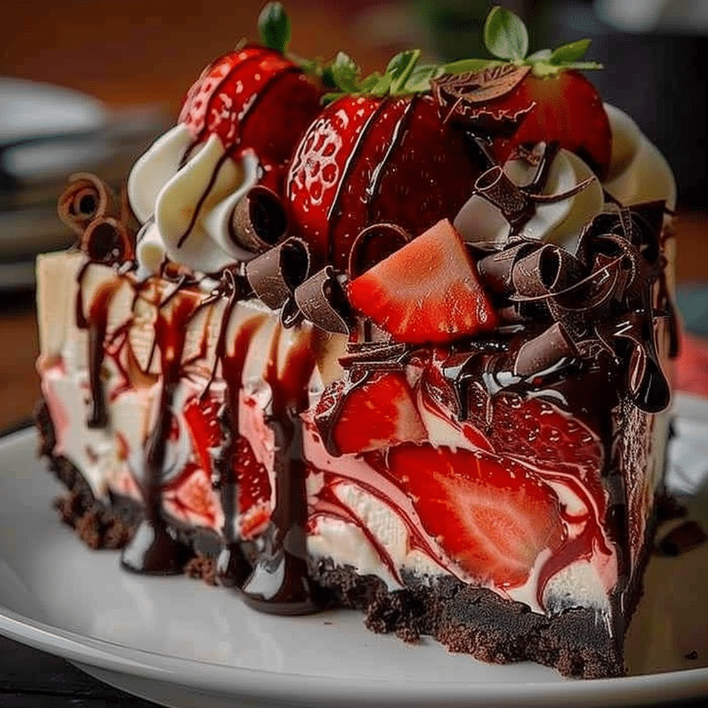 chocolate strawberry swirl cheesecake slice