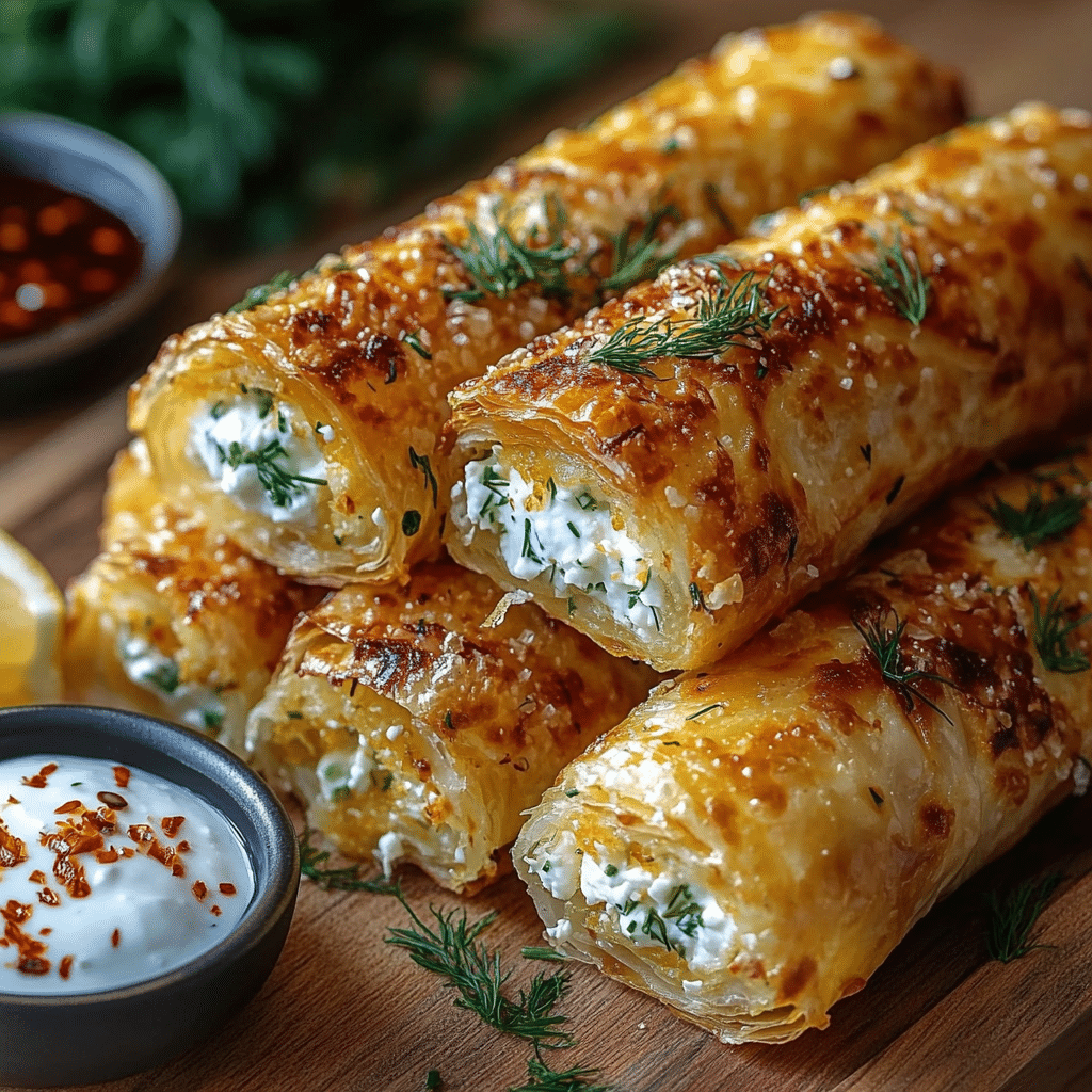 crispy phyllo rolls stuffed with creamy feta cheese