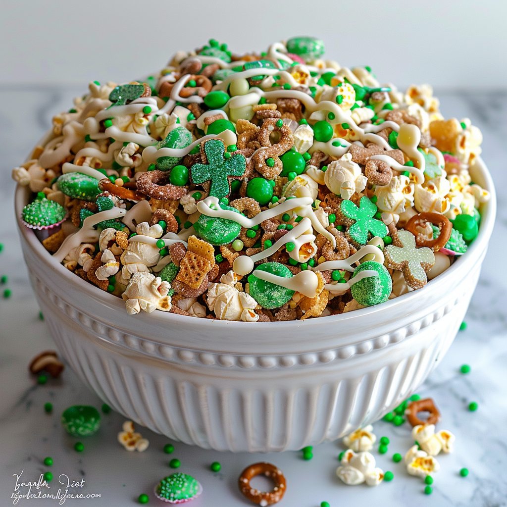 leprechaun bait snack mix in white bowl