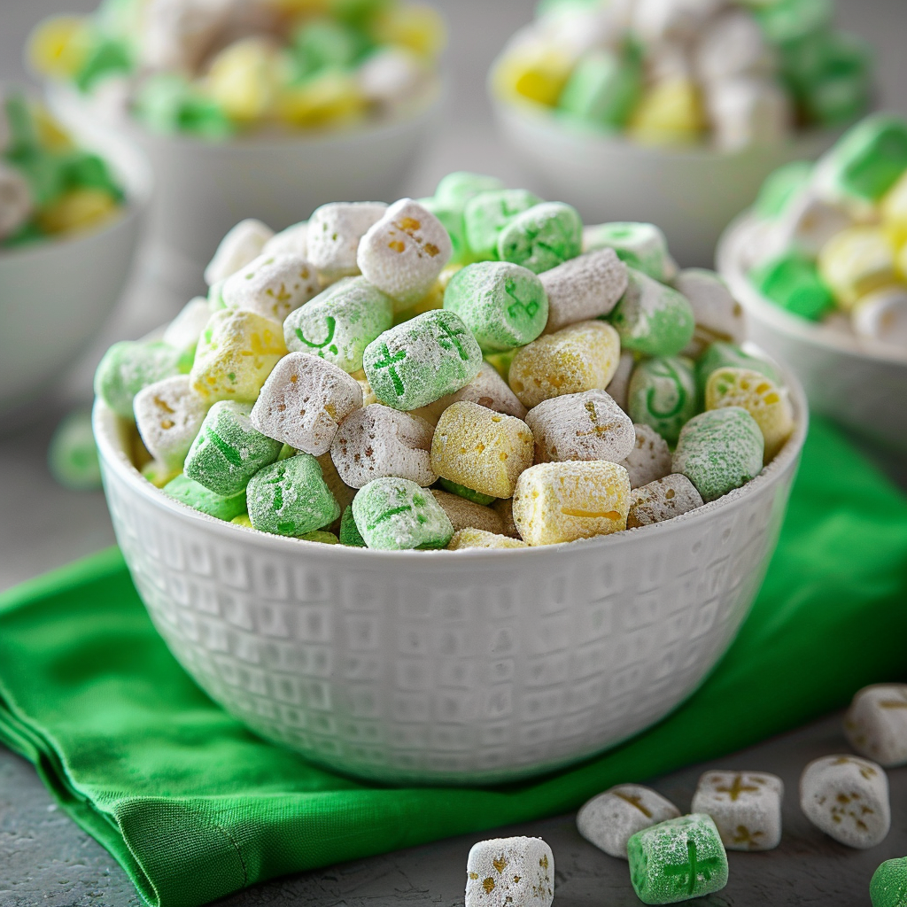 st patricks day puppy chow in a white bowl
